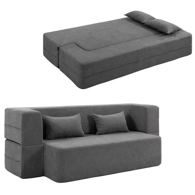 HOMCOM Canapé convertible 2 places, canapé-lit en chenille 203 cm, assise et accoudoirs larges, 2 coussins, entièrement compressé, pour salon, petit espace, charge 360kg, aucun assemblage requis, gris