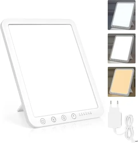 Lampe de Luminothérapie 15000 Lux, Simulation de la Lumière du Jour, Lampe à Lumière du Jour Compacte avec 3 Températures de Couleur, 5 Niveaux de Luminosité et 6 Minuterie, Fonction de Mémoire