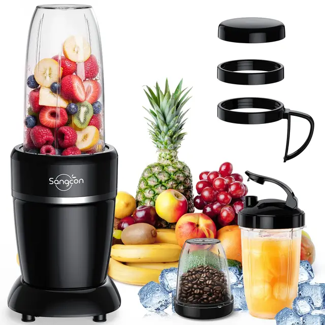 Sangcon Mélangeur de smoothies de 1000 W avec 3 tasses + 2 couvercles de bec + 1 bouchon de rangement + 1 bouchon à emporter, mélangeur portable pour milkshakes et smoothies, machine à smoothie