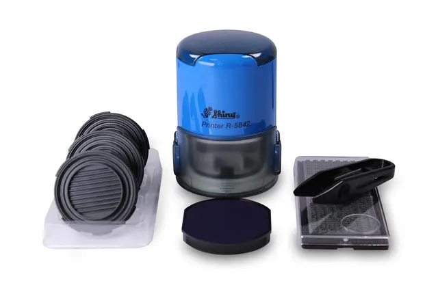 Kit tampon rond à composer soi-même, Shiny R-5842, avec 328 caractères et 3 cassettes d’encrage différentes Ø 42 mm – Tampon logo rond personnalisable
