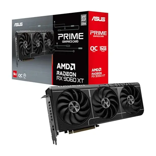 ASUS Prime Radeon RX 9060 XT 16GB GDDR6 OC Edition – Carte Graphique (PCIe 5.0, HDMI, DisplayPort 2.1, 2.5 Slot, Ventilateurs axiaux, revêtement Protecteur PCB, Dual BIOS, GPU Guard)