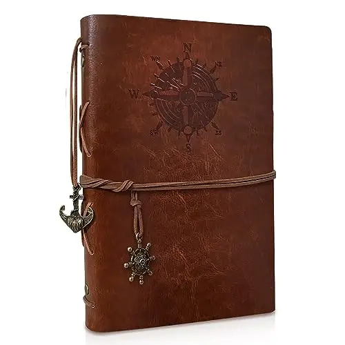 Carnet de Notes A5 en Cuir Synthétique avec Papier Kraft Rechargeable Vintage Rechargeable Relié Beau Journal de Voyage Journal à Anneaux Carnet de Croquis Vintage (A5 Marron)