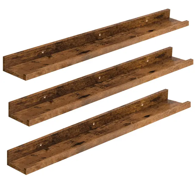 HOOBRO Étagères Flottantes, Étagères Murales, Lot de 3, Étagères Suspendues de 90 cm avec barrières surélevées et Attaches Invisibles, pour Salle de Bain, Chambre, Bureau, Marron Rustique EBF90BJ01