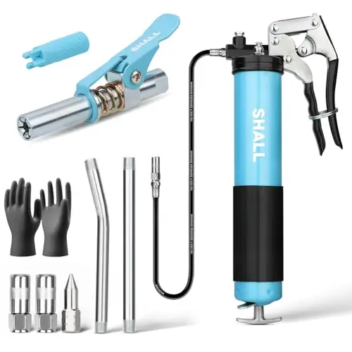SHALL Pistolet à graisse, kit de pistolet à graisse à poignée pistolet robuste de 7 000 PSI, tuyau flexible à ressort de 18 po, 2 coupleurs renforcés, 2 tuyaux rigides d'extension, buse pointue