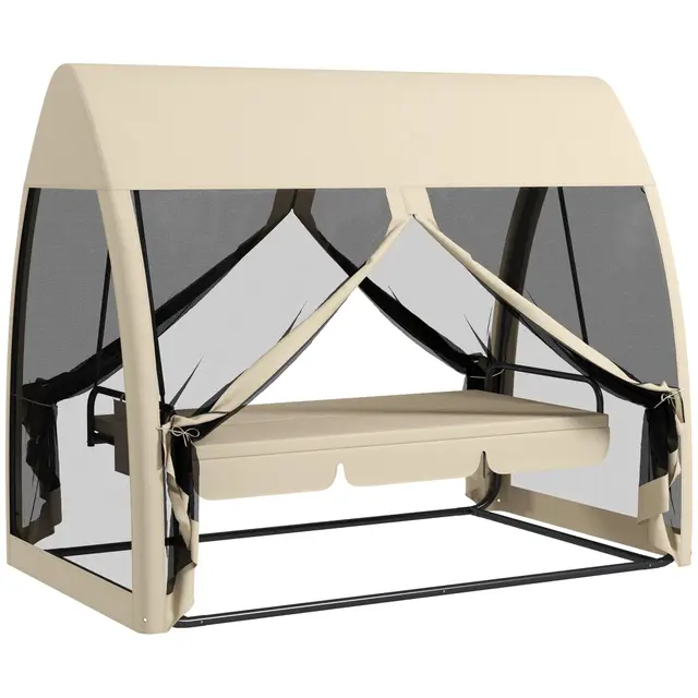 Outsunny Balancelle de Jardin Convertible 3 Places, balancelle d'extérieur avec auvent et Coussins, Filet avec Fermetures éclair, Poche, pour Jardin, Cour, Beige