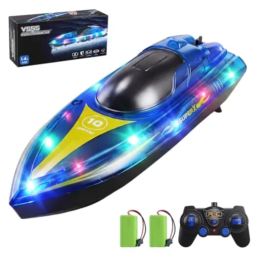 Bateau Télécommandé RC Bateau avec 2 Batteries, Lumières LED, 2.4GHz Bateau Radiocommandé 15KM/H RC Bateaux de Course avec Alarme de Batterie Faible, Bateau électrique pour Enfants Adultes Piscine Lac