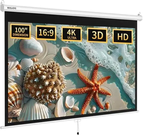 WASJOYE Écran de Projection Manuel - Universal 100" Toile Videoprojecteur Enroulable Rétractable, Projector Screen avec Verrouillage Automatique, Hauteur d'Ecran réglable, Lunette Noire Masquée