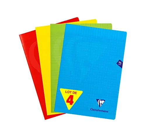 Clairefontaine 294161AMZC Lot de 4 Cahiers Agrafés Mimesys - A4 21x29,7 cm - 96 Pages Grands Carreaux - Papier Blanc 90 g - Couverture Polypro (Bleu, Rouge, Jaune et Vert)