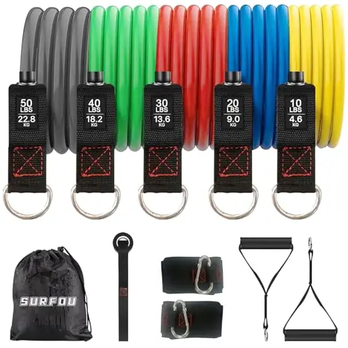 SURFOU Elastique Musculation 5 Niveaux avec Poignées, Sangles de Cheville, Ancrage de Porte, Poster d’Entraînement et Sac de Rangement, Idéal pour Pilates et Entraînement à Domicile