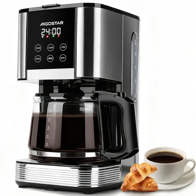 Aigostar Cafetière Filtre Électrique Programmable 24h 12 Tasses 1,5L Acier Inoxydable Réglage Intensité Écran LCD Anti-Goutte Maintien Chaud Auto-Nettoyage 1000W,0% BPA,Noir