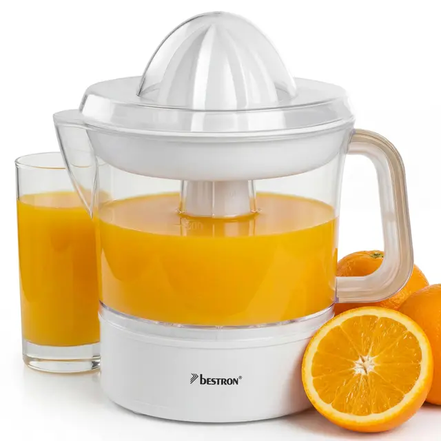 Bestron Presse-oranges et agrumes électrique, Inclut 2 cônes de pressage et un couvercle pour préserver l'arôme, Moteur à deux sens de rotation (gauche/droite), Capacité: 0.7 Litre, Couleur: Blanc