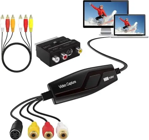 VIXLW Vidéo Capture - Convertisseur vidéo pour RCA vers USB - Convertisseurs VHS VCR Hi8 Mini DV en numérique - pour PC, TV, Lecteur de Cassette, caméscope, Mac OS X ou Windows(Noir-1)