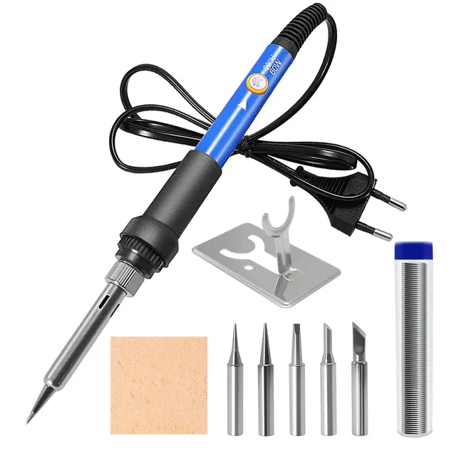 TUOLNK Kit de Fer à Souder 60W 9 Pièces | Réglage de Température 6 Niveaux | 5 Pointes de Soudure + Support + Étain + Éponge | Pour Réparations Électroniques & Projets DIY