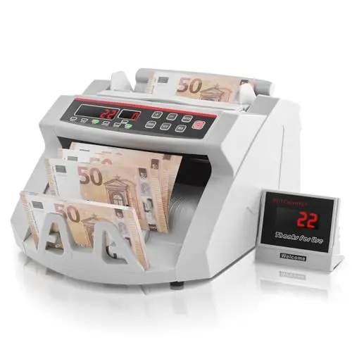 OIdFe Compteuse de Billets Professionnelle USD/EUR/GBP, Détecteur de Faux Billets par UV MG Contrefacon, Vitesse >1000pcs/min, Compteuse de Billets Trieuse Portable avec Affichage Banque Magasin