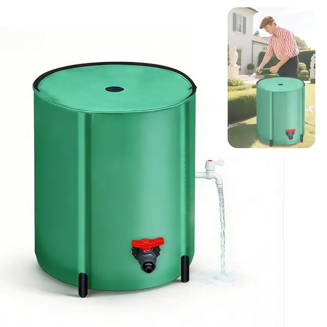 Seau à Pluie, 200L Récupérateur D'eau de Pluie Pliable Réservoir Eau Portable avec Couvercle Sortie D'eau Filtre à Mailles et 2 Robinets Reservoir Eau Vert pour Jardin avec Protection Anti-Débordement