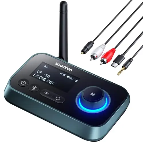SOOMFON Émetteur Recepteur Bluetooth 5.0 avec Écran LCD, 3 en 1 Adaptateur Audio AUX/RCA/Jack 3.5mm/Optique, Transmetteur Récepteur Bluetooth Connexion Double pour TV, Casque, Enceintes