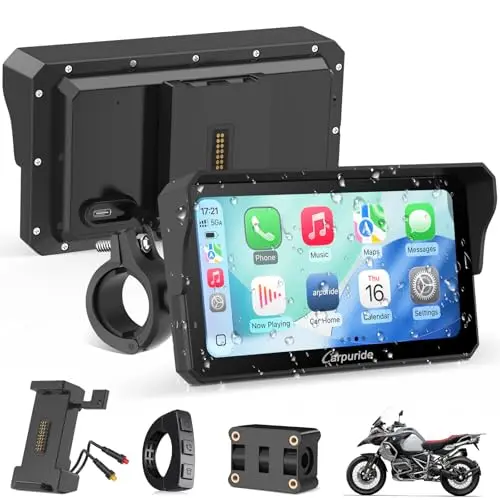 Carpuride W602S Pro Moto CarPlay Écran avec BM05 pour Plug-and-Play, Sans Fil CarPlay & Android Auto, 6,25" Étanche Tactile Écran, OTA, Double Bluetooth, Interphone Fonction, Filaire Contrôleur, Navi.