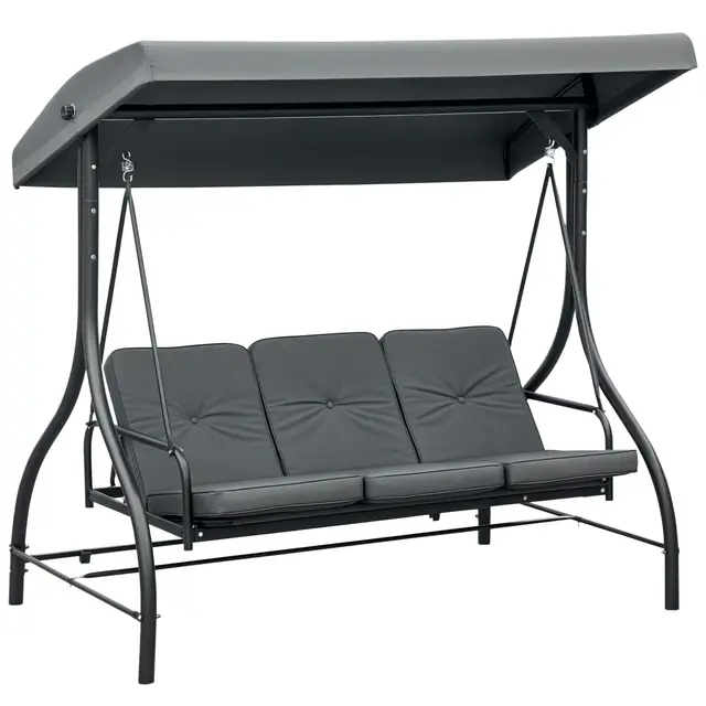 Outsunny Balancelle de Jardin 3 Places Convertible Inclinaison Toit réglable Matelas Grand Confort Rembourrage 7 cm fourni Gris métal époxy Noir