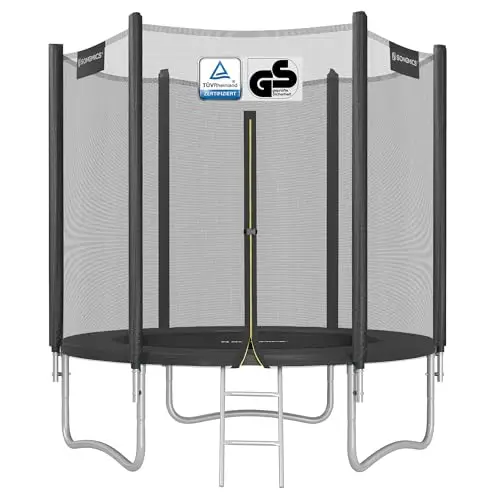 SONGMICS Trampoline Extérieur Enfant Diamètre 183/244/305/366/427 cm, Filet de Protection Externe, Coussins de Sécurité, Échelle, Poteau Droit de 180 cm de Haut, Cadre en Acier