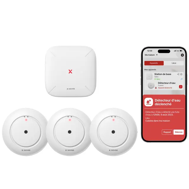 X-Sense Détecteur de Fuite d'eau Connecté avec Station de Base SBS50, Détecteur d'eau Wi-FI avec Alarme 110 DB, Portée Jusqu'à 500 m, Idéal pour Cuisines, sous-sols, Salles de Bains, SWS54