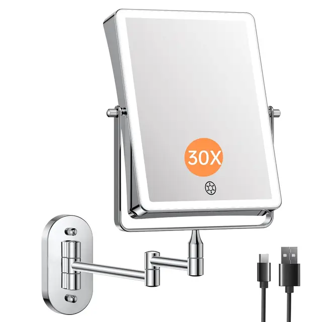 Famihomii Miroir cosmétique Rechargeable avec éclairage LED, 4500mAh Miroir de Maquillage avec grossissement 1/30X et Batterie Interrupteur Tactile, Miroir de Rasage à intensité Variable,360°
