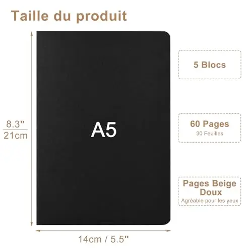 ZCZN Cahiers Lignés A5, Lot of 5 Blocs Carnet de Notes, Carnet de Voyage à Couverture Kraft Noire, Bloc Note Carnet Dessin, 60 Page(30 Feuillets) par Blocs Note Lignés