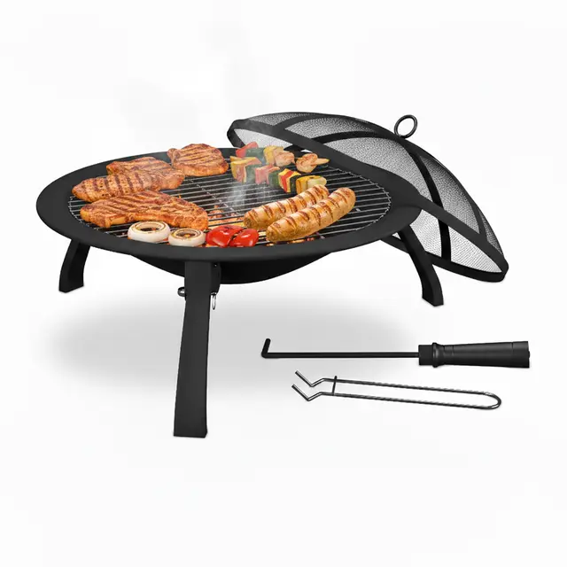 Relaxdays Brasero avec Couvercle, Ø cuve 51 cm, Pieds Pliables, Grille, Pare-étincelles, tisonnier, feu de Jardin, Noir