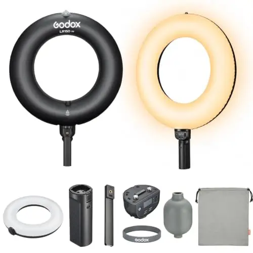 Godox LR150 Air Anneau Lumineux LED Gonflable, 2800K-6500K, Lampe de Photographie Portable Bicolore, 1760lux à 0,5 m, contrôle par Application, éclairage beauté Doux pour Maquillage, Streaming, vlog