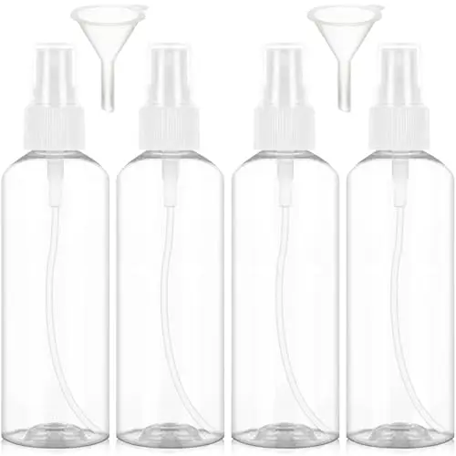 Redamancy 4 Pièces Flacon Spray Vide, 100ml Contenant Voyage, Plastique Pulverisateur Voyage, Réutilisables Transparent Bouteille Spray Vide, avec 2 Entonnoir pour Lotion, Parfum, Shampoing etc