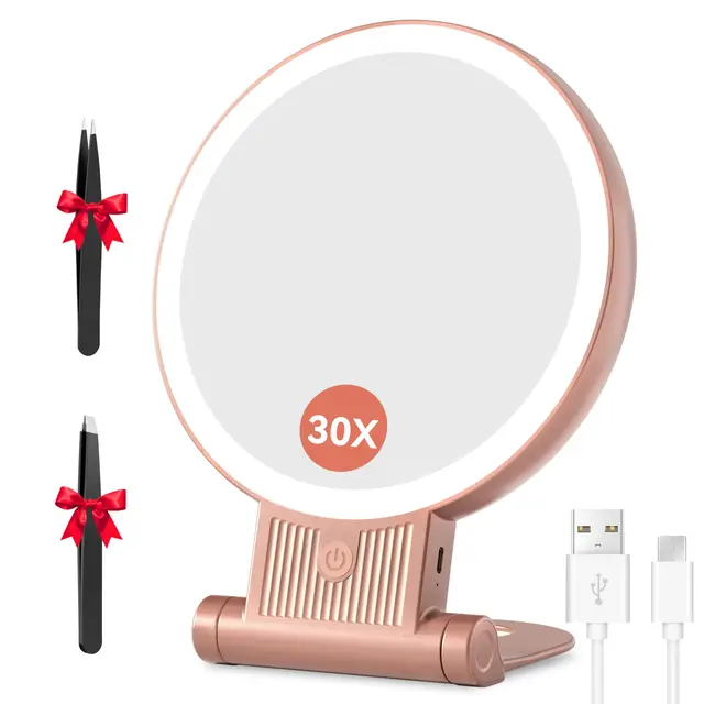 Auxmir Miroir Grossissant Lumineux Double Face 1X/30X, Miroir Maquillage 3 Couleurs D'éclairage, Luminosité Réglable, Batterie 2000mAh Rechargeable, Support 360°, Mural/Portable/Pliable