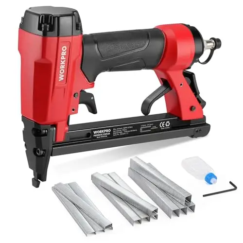 WORKPRO Agrafeuse Pneumatique avec 1 500 Agrafes, Pistolet à Clouer Compatible avec des Agrafes Type 80, Idéal pour le Bricolage, la Tapisserie, la Décoration Intérieure et le Travail du Bois
