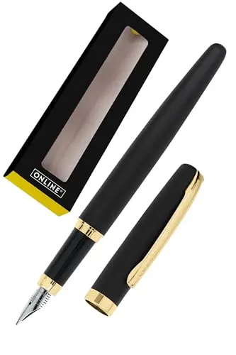 Online Eleganza Stylo plume I Métal I Couleur: noir & doré I Plume M I Clip métallique I avec cartouche d'encre couleur bleue I Stylo plume pour cartouches d'encre standard avec emballage cadeau
