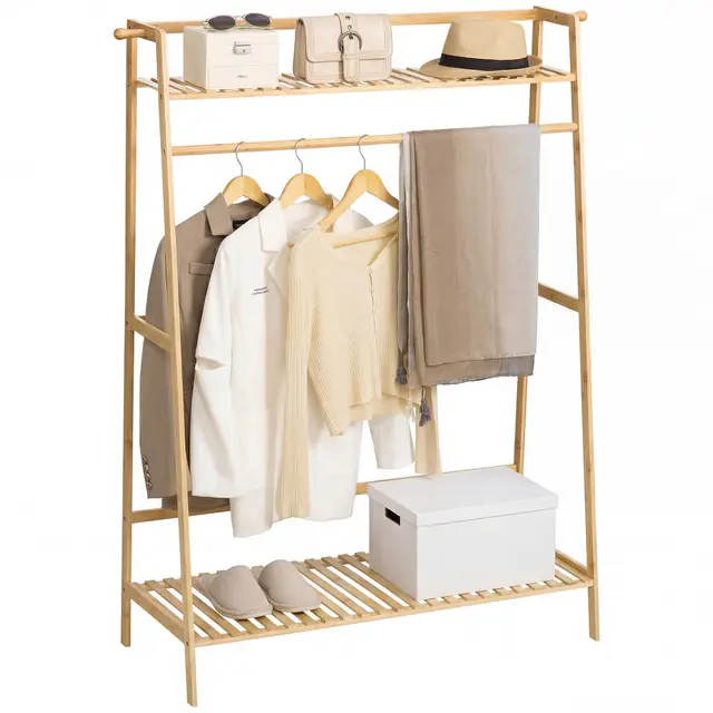 HOMCOM Portant à vêtements penderie porte-manteau avec 2 étagères 2 crochets et 1 barre de suspension en bambou - dim. 114L x 40l x 139H cm naturel