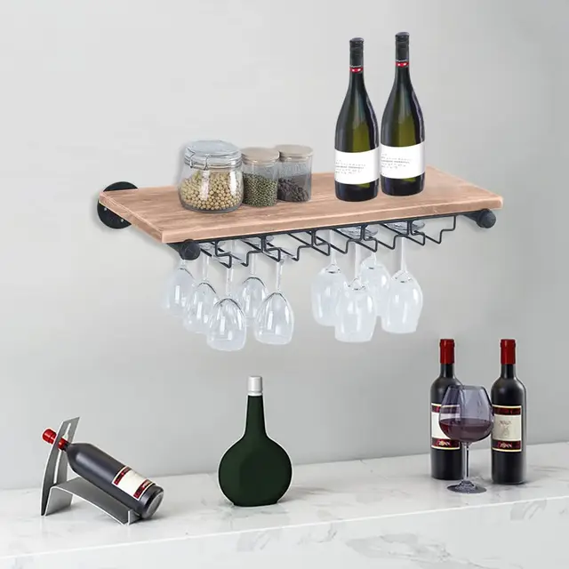 Casier à vin rustique en bois avec support en verre, montage mural, 61 x 25 x 5 cm, 1 bouteille de vin, 1 verre à pied, fer et bois, parfait pour la cuisine/le living/la salle à manger,