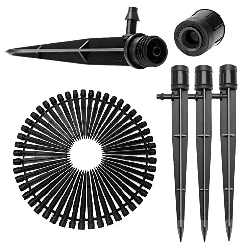 50 Pièces Goutteur Irrigation Réglable, VooGenzek 360 Degrés Micro Asperseur Goutte à Goutte avec Connecteur Barbelé & Piquet de Support pour Tube 4/7 mm, Goutteur d'irrigation Insertion, Noir