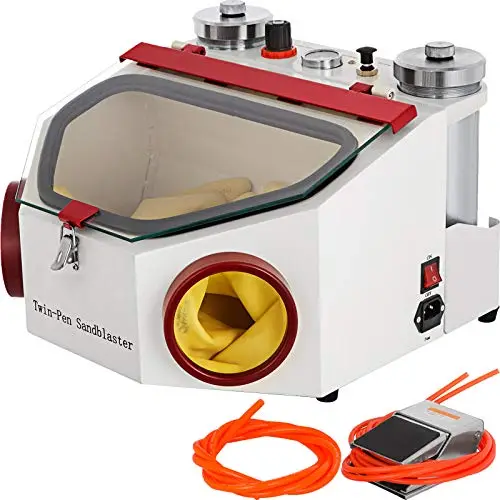 VEVOR Sableuse Dentaire 2 Réservoirs 4KG/CM Cabine de Sablage Professionnelle Électrique 2 Stylos Sableuse Légère LED Buse 1,2 mm Pédale de Commande pour Laboratoire Polissage Prothésiste Dentiste