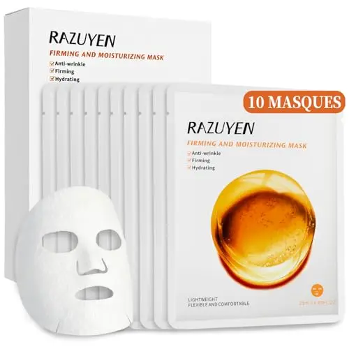 Masque Anti-Rides (10 Unités), Masque Visage Hydratant à l’Acide Hyaluronique, Vitamine E et Peptides Aide à Soutenir le Collagène de la Peau, Soin Anti-Âge, Masque Tissu pour Femme et Homme