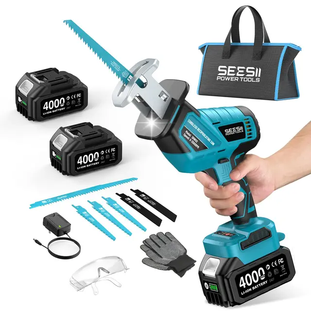 SEESII Scie Sabre sans fil 21V, Vitesses Réglables 0-3500 SPM, moteur sans balais Scie Sabre à Batterie avec 2 batteries de 4,0 Ah, éclairage LED, 8 lames portables pour le bois et le PVC