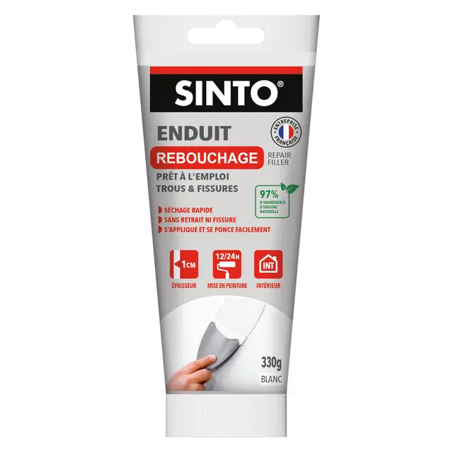 SINTO Enduit de rebouchage pâte blanc 330g, rebouche trous fissures et gros défauts jusqu'à 1cm, sans retrait ni fissure, séchage rapide, plâtre béton brique et bois, prêt à l'emploi
