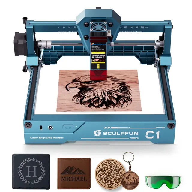 SCULPFUN Mini graveur laser C1, machine de gravure laser portable 3W avec point ultra fin de 0,04 mm, travail pour les débutants, contreplaqué, cuir, papier kraft, ardoise, zone de gravure 150x130mm