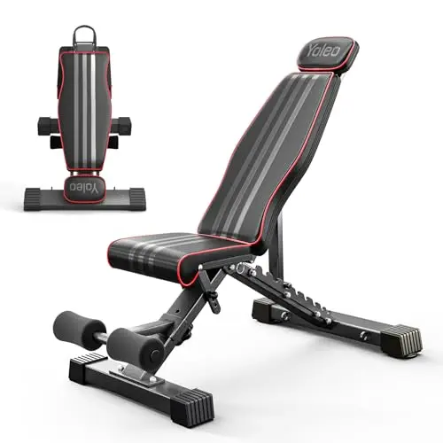 YOLEO Banc de musculation pliable multifonction avec supports pour la maison, banc de musculation réglable avec plateau, banc de musculation avec poids et curl des jambes