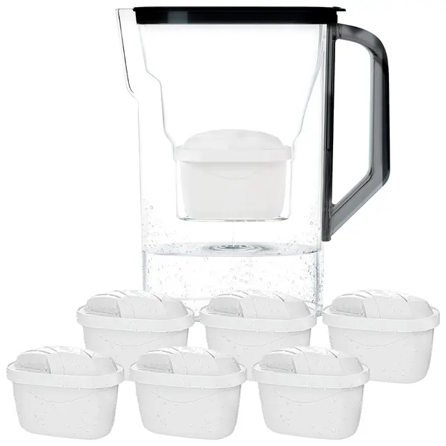 Wessper Carafe Filtrante avec Filtre, Carafe pour porte de réfrigérateur 2,7 L, Cartridges avec Charbon Actif et Résine échangeuse d'ions, Pitcher set set de 6 Filtres - Noir