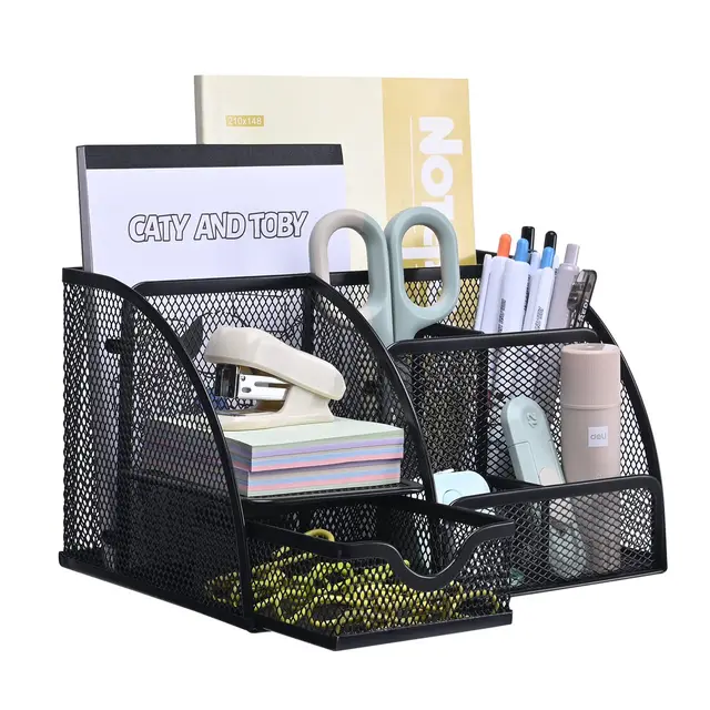 MumdoYAL Organisateur de bureau en maille métallique avec tiroir et porte-stylos pour stylos, notes adhésives, agrafeuses, trombones, compact et élégant pour un gain de place.