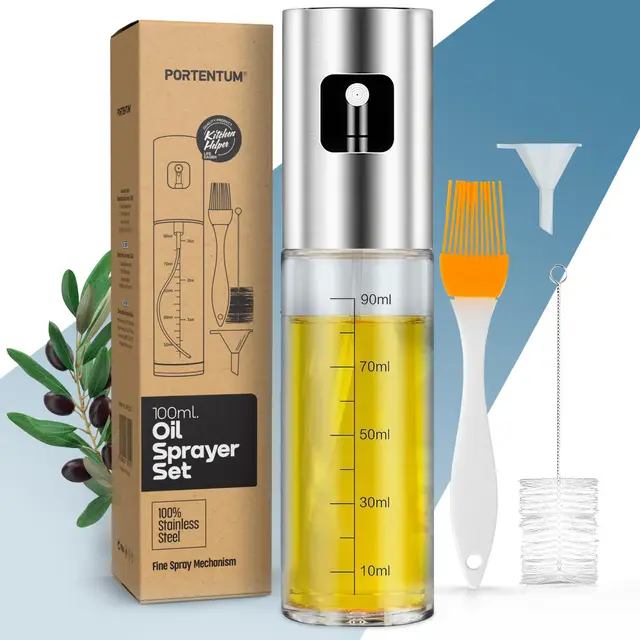 PORTENTUM Pulvérisateur d’Huile 100 ml en Inox, Huile Spray Cuisine et Friteuse à Air, Huilier en Verre avec Accessoires Antigoutte