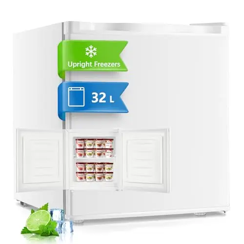 FOHERE 32L Mini Congélateur, Petit Congélateur avec Porte Réversible, Silencieux, 7 Thermostat Réglable, pour Hôtel/Dortoir/Appartement/Bureau, Blanc