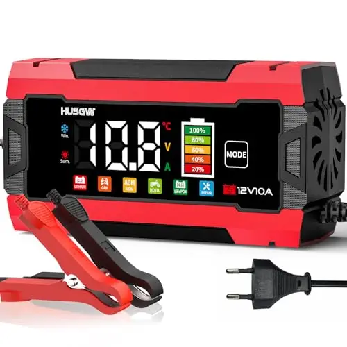 10A Chargeur de Batterie Voiture, 12V 10A LiFePO4 Chargeur Batterie pour Moto avec Réparation Automatisée, 6 Modes Maintien de Chargeur Batterie avec Écran LCD pour AGM/Gel/Wet/SLA