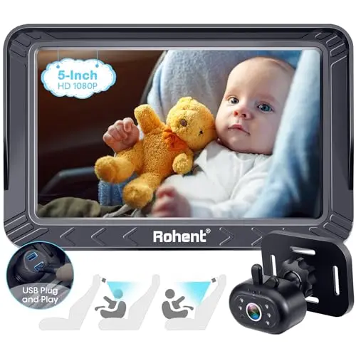 Rohent Caméra de Voiture pour bébé - 5-inch HD 1080P, Vision Nocturne, Facile à Installer, USB Powered Baby pour Les sièges orientés vers l'arrière et vers l'avant