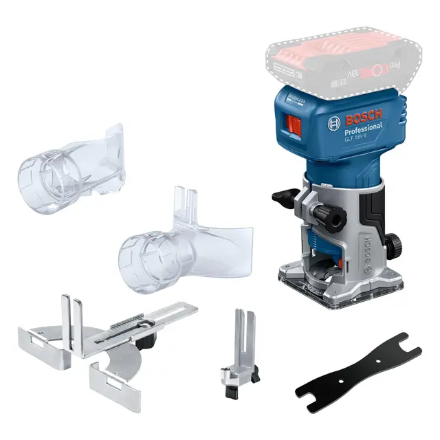 Bosch Professional 18V System Défonceuse portative GLF 18V-8 (butée longitudinale, adapt. aspiration surfaçage, adapt. aspiration fraisage, galet de guidage, pince 8 mm, clé, sans batterie/chargeur)