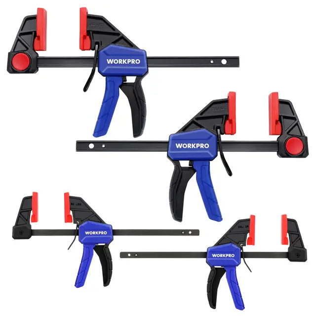 WORKPRO Jeu de 4 Serre-Joints à Libération Rapide, Largeur de Serrage 150 mm et 120 mm, Force de Serrage Maximale de 68 kg et 23 kg pour Travail du Bois, des Métaux et DIY Bleu/Rouge/Noir