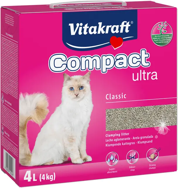 VITAKRAFT- Compact Ultra Classic, Litière Agglomérante pour Chats, Neutralise Les Odeurs, Retrait Propre Et Facile (1X 4L)